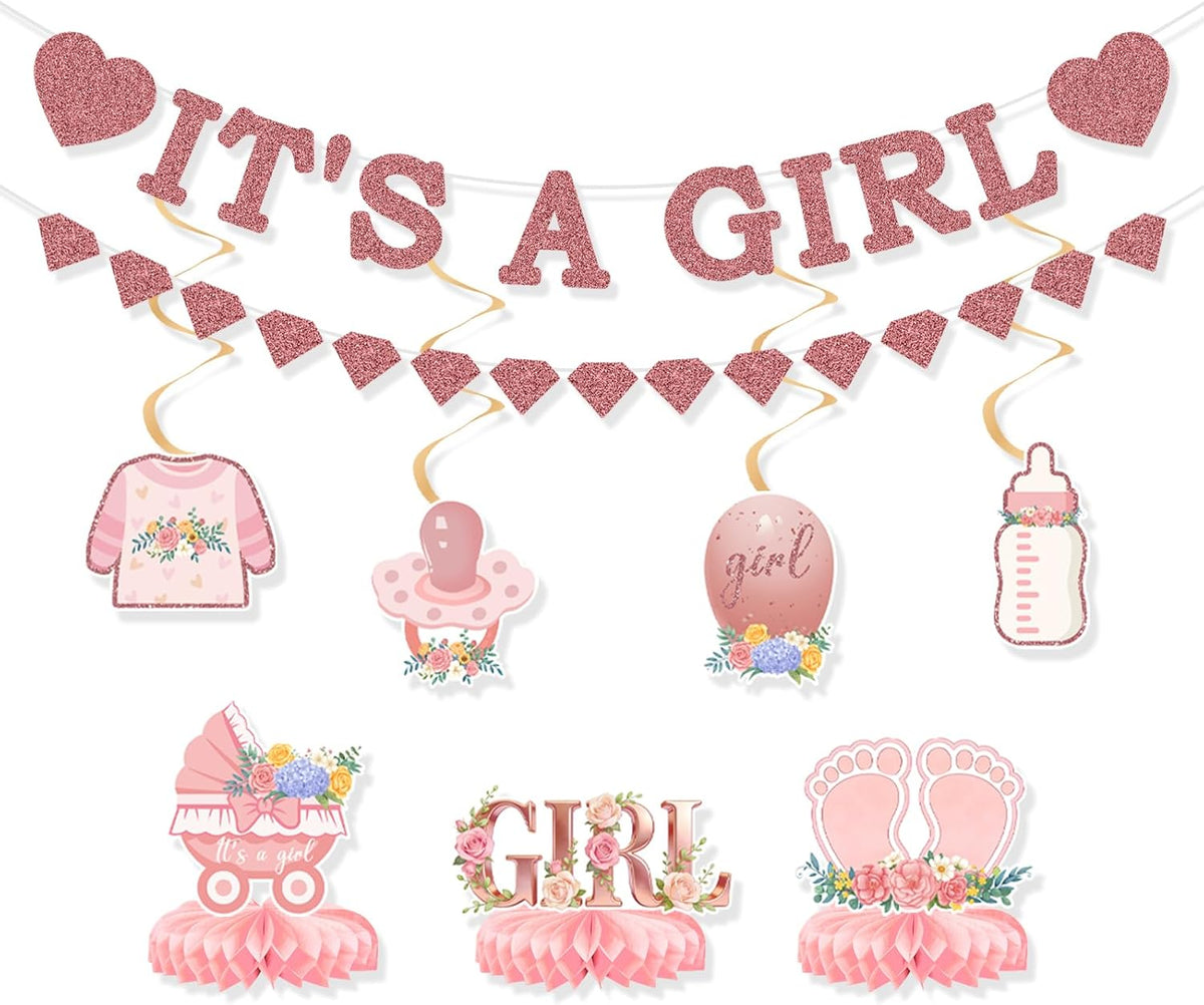 9Pcs Pink and Rose Gold Baby Girl Party Decorations, Pink Baby Shower Decorations Supplies for Girl, Hanging Swirls Set Pregnancy Announcement Circle Dot Garland Banner Party Decor