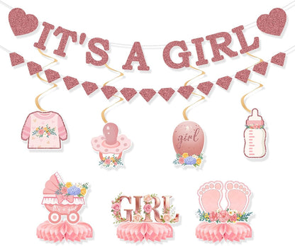 9Pcs Pink and Rose Gold Baby Girl Party Decorations, Pink Baby Shower Decorations Supplies for Girl, Hanging Swirls Set Pregnancy Announcement Circle Dot Garland Banner Party Decor