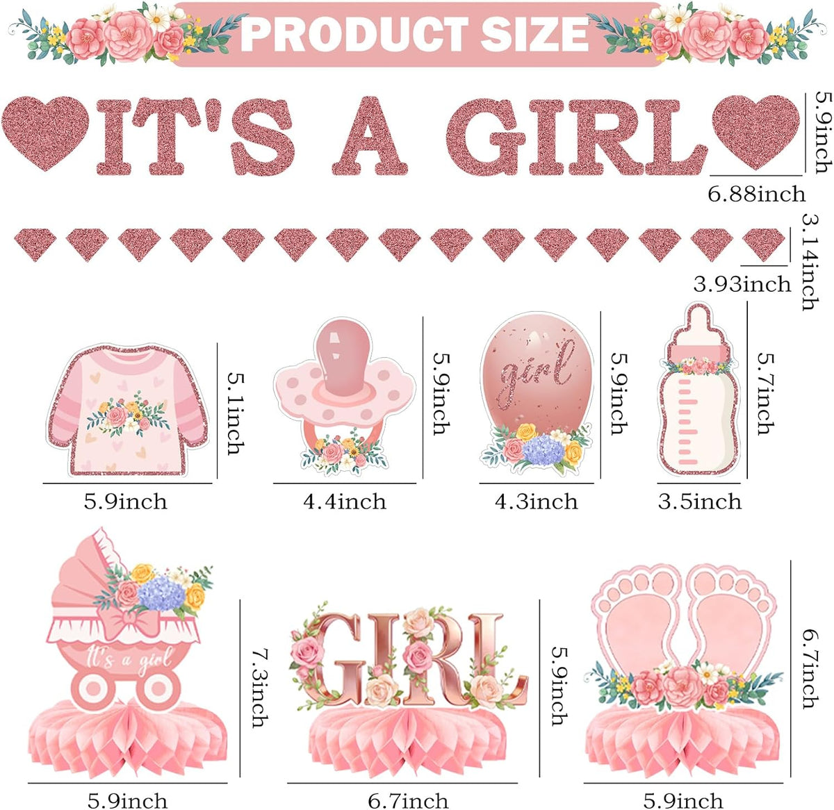 9Pcs Pink and Rose Gold Baby Girl Party Decorations, Pink Baby Shower Decorations Supplies for Girl, Hanging Swirls Set Pregnancy Announcement Circle Dot Garland Banner Party Decor