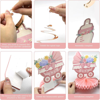9Pcs Pink and Rose Gold Baby Girl Party Decorations, Pink Baby Shower Decorations Supplies for Girl, Hanging Swirls Set Pregnancy Announcement Circle Dot Garland Banner Party Decor