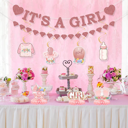 9Pcs Pink and Rose Gold Baby Girl Party Decorations, Pink Baby Shower Decorations Supplies for Girl, Hanging Swirls Set Pregnancy Announcement Circle Dot Garland Banner Party Decor