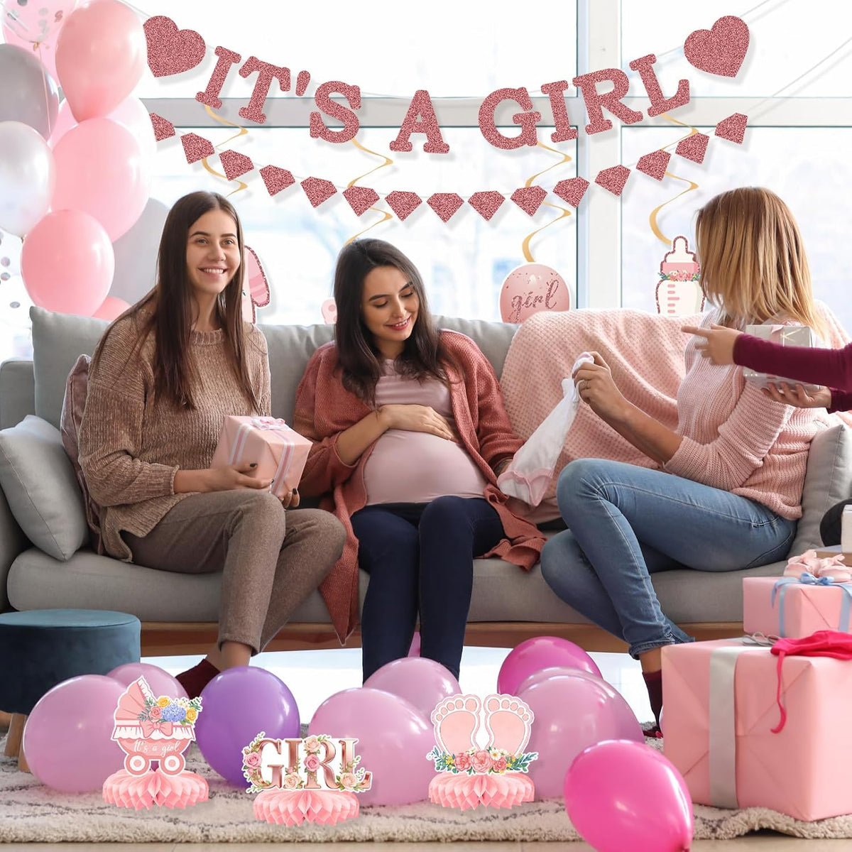 9Pcs Pink and Rose Gold Baby Girl Party Decorations, Pink Baby Shower Decorations Supplies for Girl, Hanging Swirls Set Pregnancy Announcement Circle Dot Garland Banner Party Decor