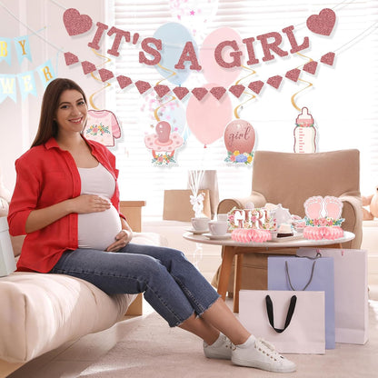 9Pcs Pink and Rose Gold Baby Girl Party Decorations, Pink Baby Shower Decorations Supplies for Girl, Hanging Swirls Set Pregnancy Announcement Circle Dot Garland Banner Party Decor