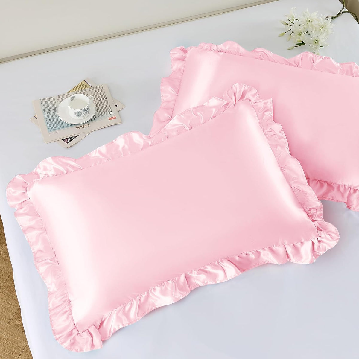 Ruffled Satin Pillowcase Set of 2, Queen 20x30 Inch, Pink