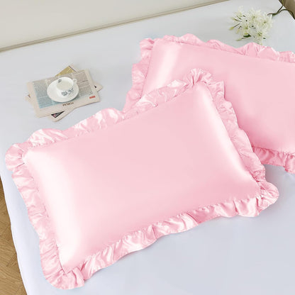 Ruffled Satin Pillowcase Set of 2, Queen 20x30 Inch, Pink