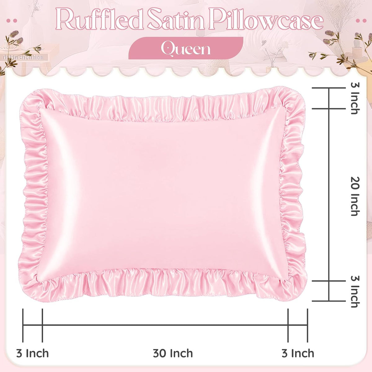 Ruffled Satin Pillowcase Set of 2, Queen 20x30 Inch, Pink