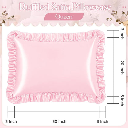 Ruffled Satin Pillowcase Set of 2, Queen 20x30 Inch, Pink