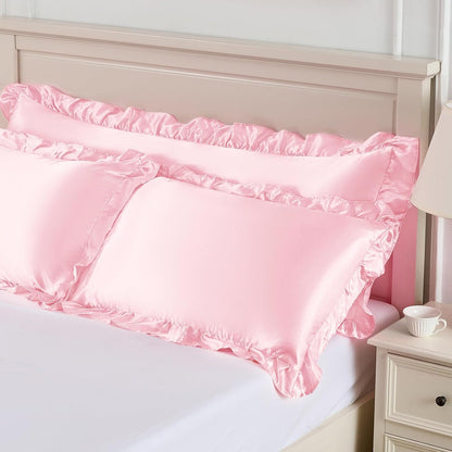 Ruffled Satin Pillowcase Set of 2, Queen 20x30 Inch, Pink
