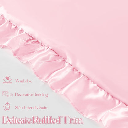 Ruffled Satin Pillowcase Set of 2, Queen 20x30 Inch, Pink
