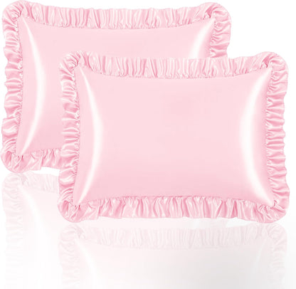 Ruffled Satin Pillowcase Set of 2, Queen 20x30 Inch, Pink