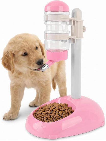 Pet Standing Water Dispenser Feeder, 500ml Dog Water Feeder Bottle Adjustable Raised Pet Food Bowl for Dogs Detachable Bottles Easy Cleaning (Pink)