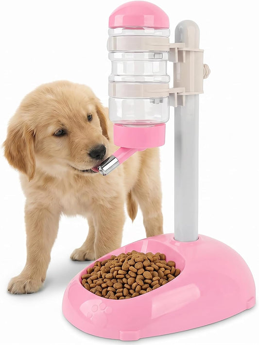 Pet Standing Water Dispenser Feeder, 500ml Dog Water Feeder Bottle Adjustable Raised Pet Food Bowl for Dogs Detachable Bottles Easy Cleaning (Pink)