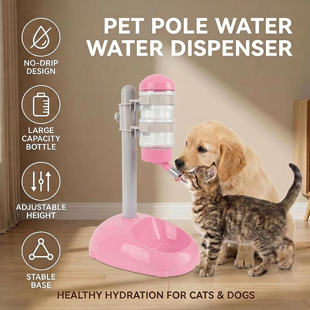 Pet Standing Water Dispenser Feeder, 500ml Dog Water Feeder Bottle Adjustable Raised Pet Food Bowl for Dogs Detachable Bottles Easy Cleaning (Pink)
