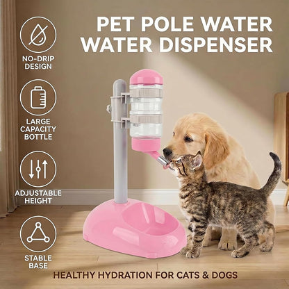Pet Standing Water Dispenser Feeder, 500ml Dog Water Feeder Bottle Adjustable Raised Pet Food Bowl for Dogs Detachable Bottles Easy Cleaning (Pink)