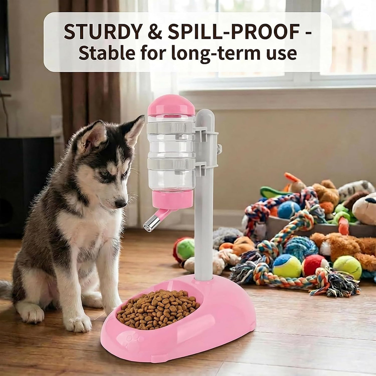 Pet Standing Water Dispenser Feeder, 500ml Dog Water Feeder Bottle Adjustable Raised Pet Food Bowl for Dogs Detachable Bottles Easy Cleaning (Pink)