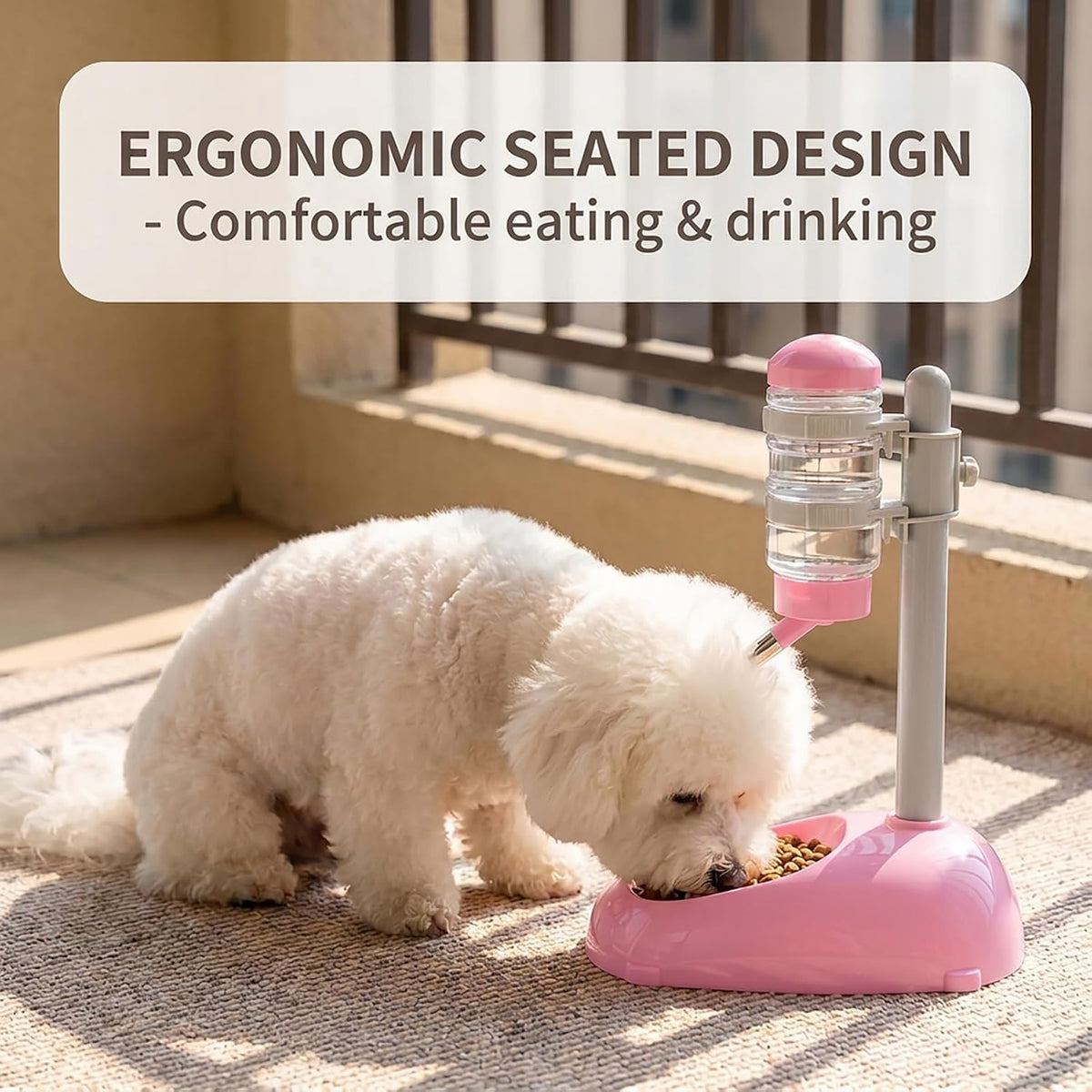 Pet Standing Water Dispenser Feeder, 500ml Dog Water Feeder Bottle Adjustable Raised Pet Food Bowl for Dogs Detachable Bottles Easy Cleaning (Pink)