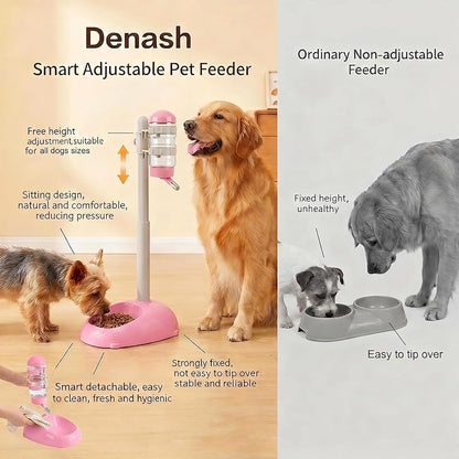 Pet Standing Water Dispenser Feeder, 500ml Dog Water Feeder Bottle Adjustable Raised Pet Food Bowl for Dogs Detachable Bottles Easy Cleaning (Pink)