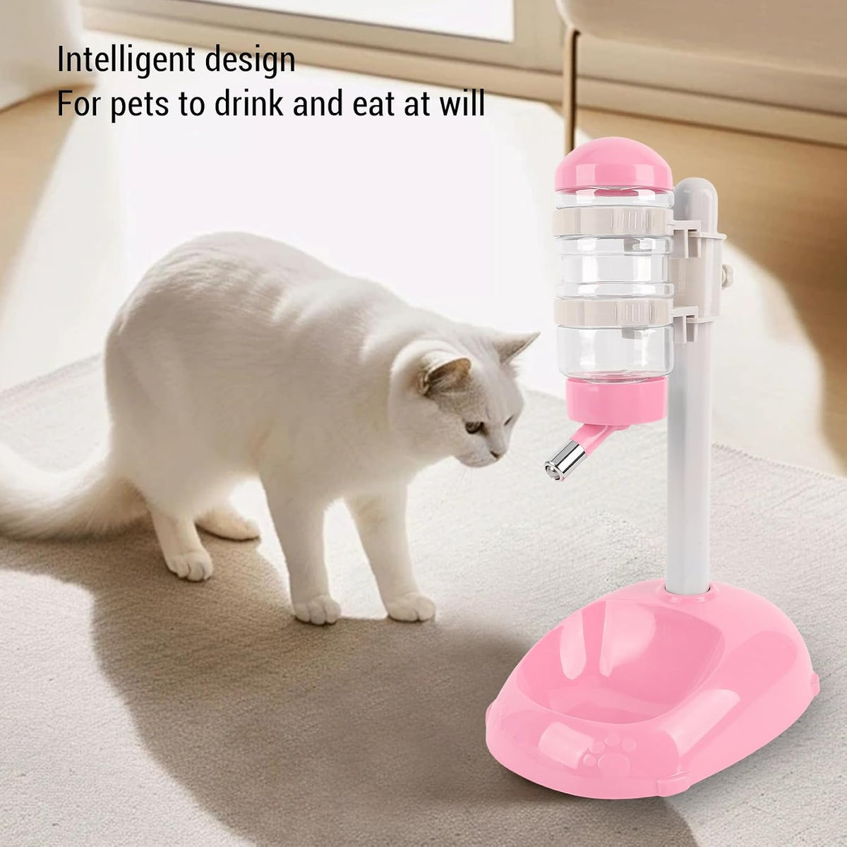 Pet Standing Water Dispenser Feeder, 500ml Dog Water Feeder Bottle Adjustable Raised Pet Food Bowl for Dogs Detachable Bottles Easy Cleaning (Pink)