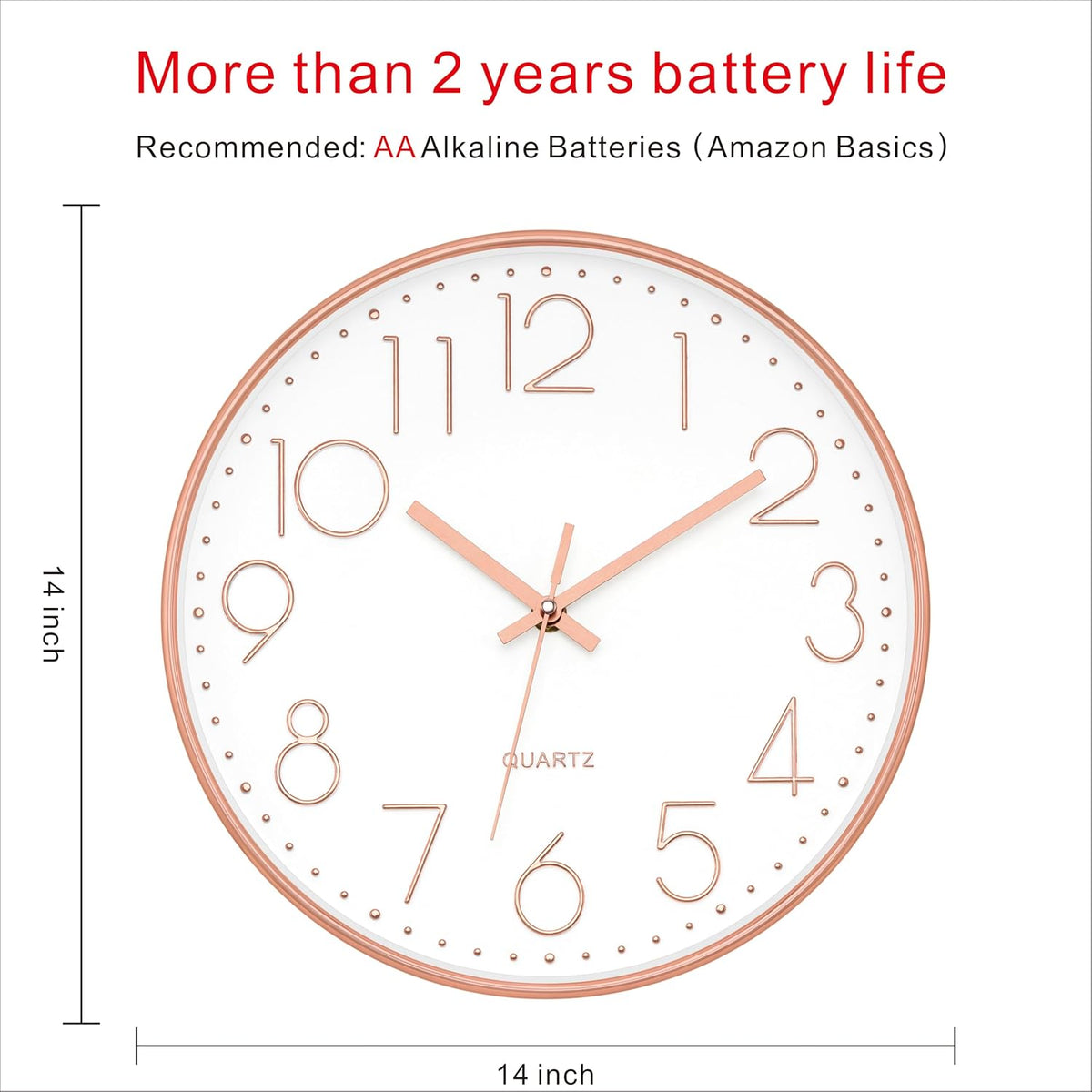 Large 14" Wall Clock Silent Battery Operated Clock, Rose Gold