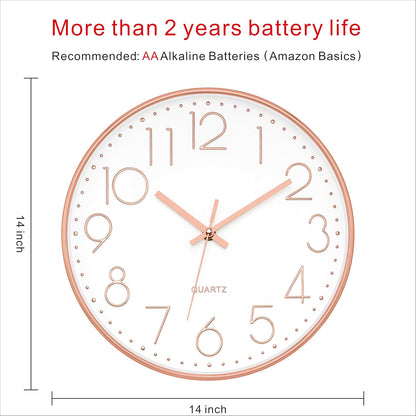 Large 14" Wall Clock Silent Battery Operated Clock, Rose Gold