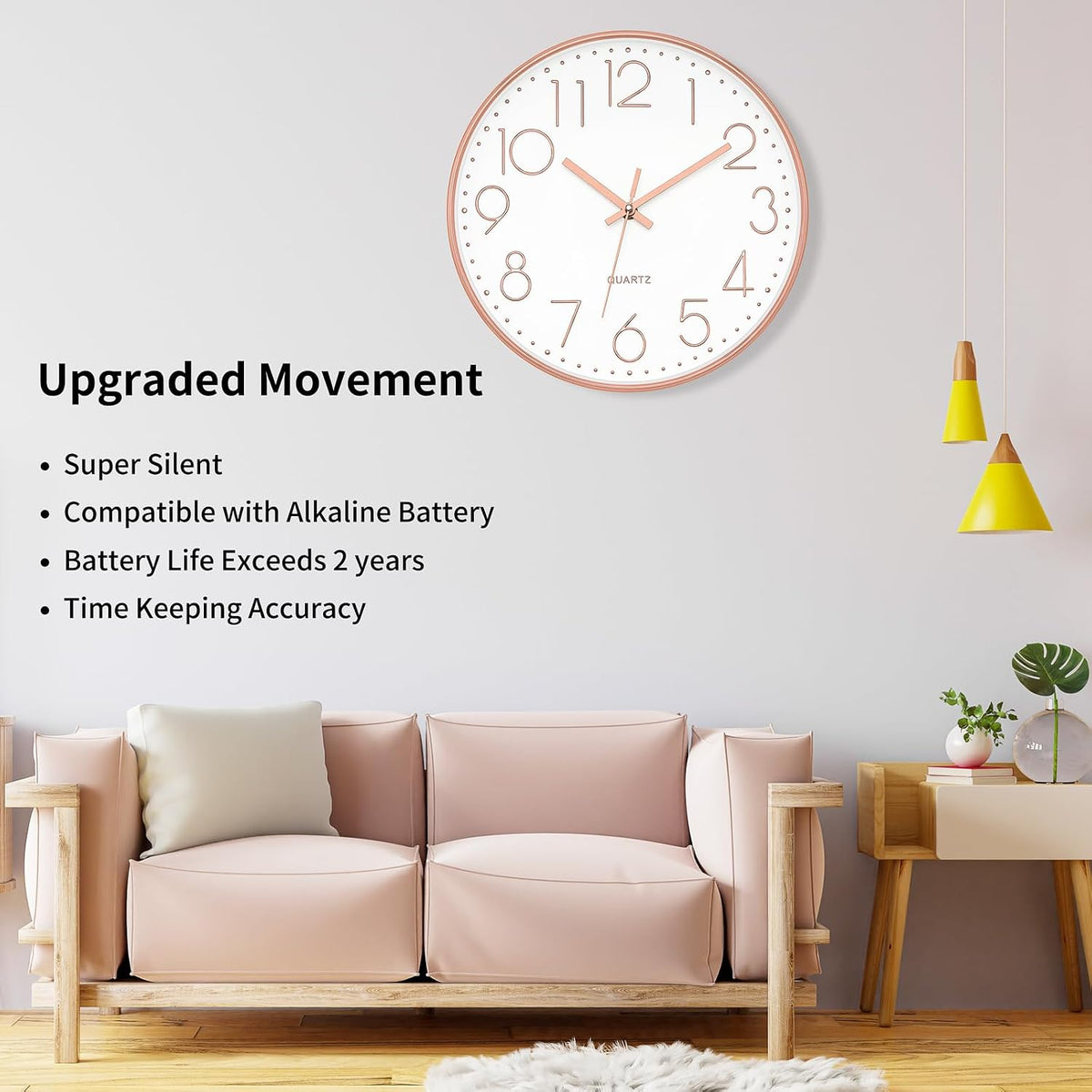 Large 14" Wall Clock Silent Battery Operated Clock, Rose Gold