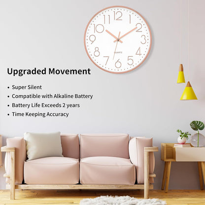 Large 14" Wall Clock Silent Battery Operated Clock, Rose Gold
