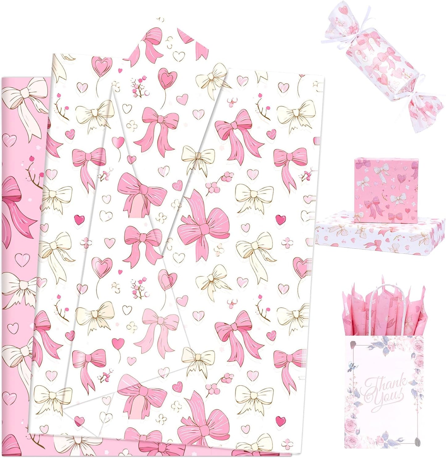 Pink Tissue Paper for Packaging, Bow Balloon Gift Wrap Tissue Paper for Gift Bags, Boxes & Crafts, Pretty Packing Supplies for Birthday, Wedding, Anniversary, Holiday, 60 Sheets 20x14in