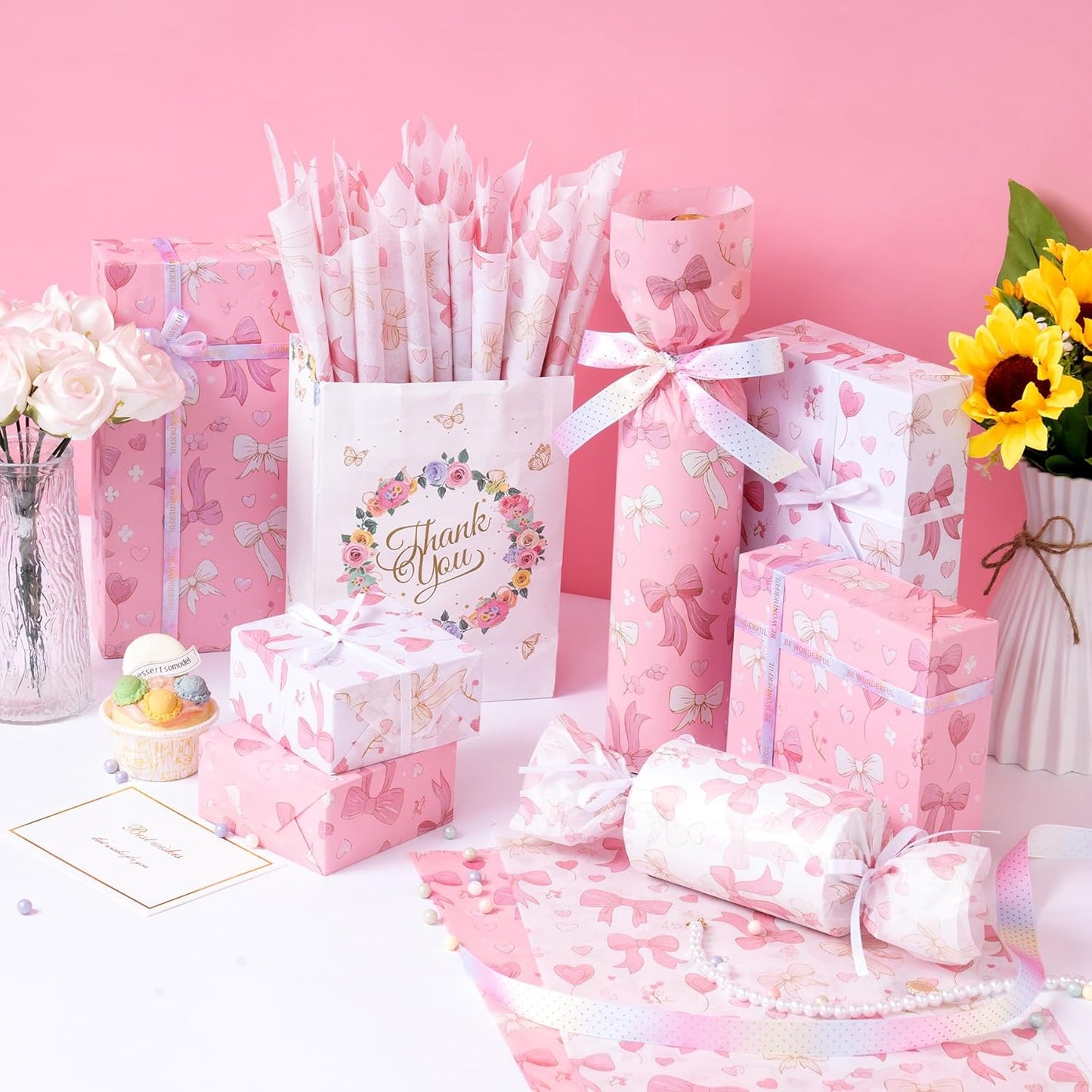 Pink Tissue Paper for Packaging, Bow Balloon Gift Wrap Tissue Paper for Gift Bags, Boxes & Crafts, Pretty Packing Supplies for Birthday, Wedding, Anniversary, Holiday, 60 Sheets 20x14in