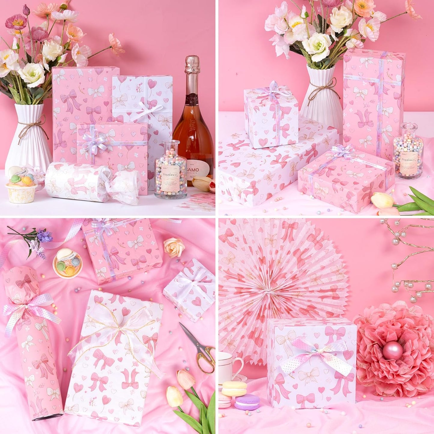 Pink Tissue Paper for Packaging, Bow Balloon Gift Wrap Tissue Paper for Gift Bags, Boxes & Crafts, Pretty Packing Supplies for Birthday, Wedding, Anniversary, Holiday, 60 Sheets 20x14in