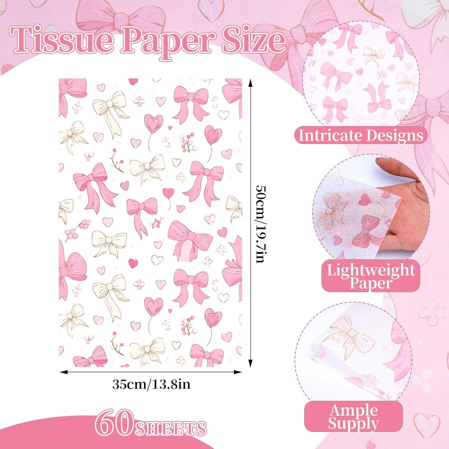 Pink Tissue Paper for Packaging, Bow Balloon Gift Wrap Tissue Paper for Gift Bags, Boxes & Crafts, Pretty Packing Supplies for Birthday, Wedding, Anniversary, Holiday, 60 Sheets 20x14in