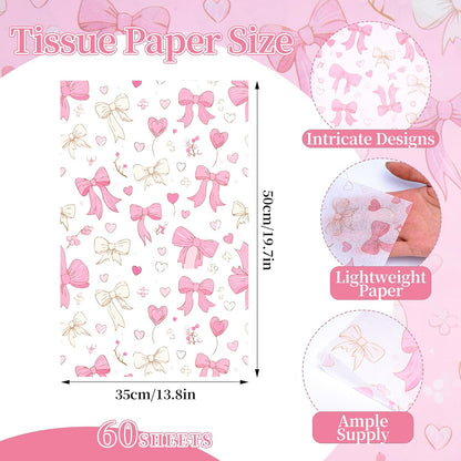 Pink Tissue Paper for Packaging, Bow Balloon Gift Wrap Tissue Paper for Gift Bags, Boxes & Crafts, Pretty Packing Supplies for Birthday, Wedding, Anniversary, Holiday, 60 Sheets 20x14in