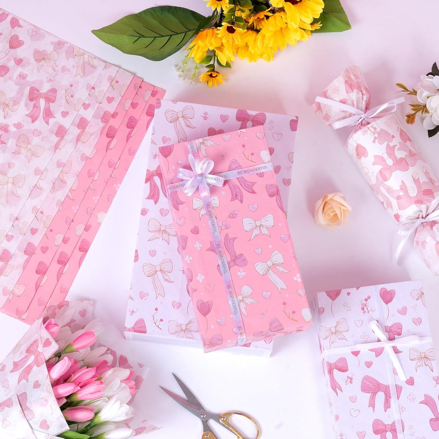 Pink Tissue Paper for Packaging, Bow Balloon Gift Wrap Tissue Paper for Gift Bags, Boxes & Crafts, Pretty Packing Supplies for Birthday, Wedding, Anniversary, Holiday, 60 Sheets 20x14in