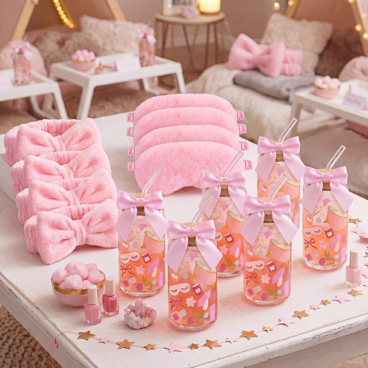 24 Pcs Spa Sleepover Party Supplies for Women 6 Set Slumber Spa Birthday Gift Pajama Party Favor with Glass Cup Pink Bow Eye Mask Headband Twist Bows for Sleeping Stuff Accessories Slumber Gift