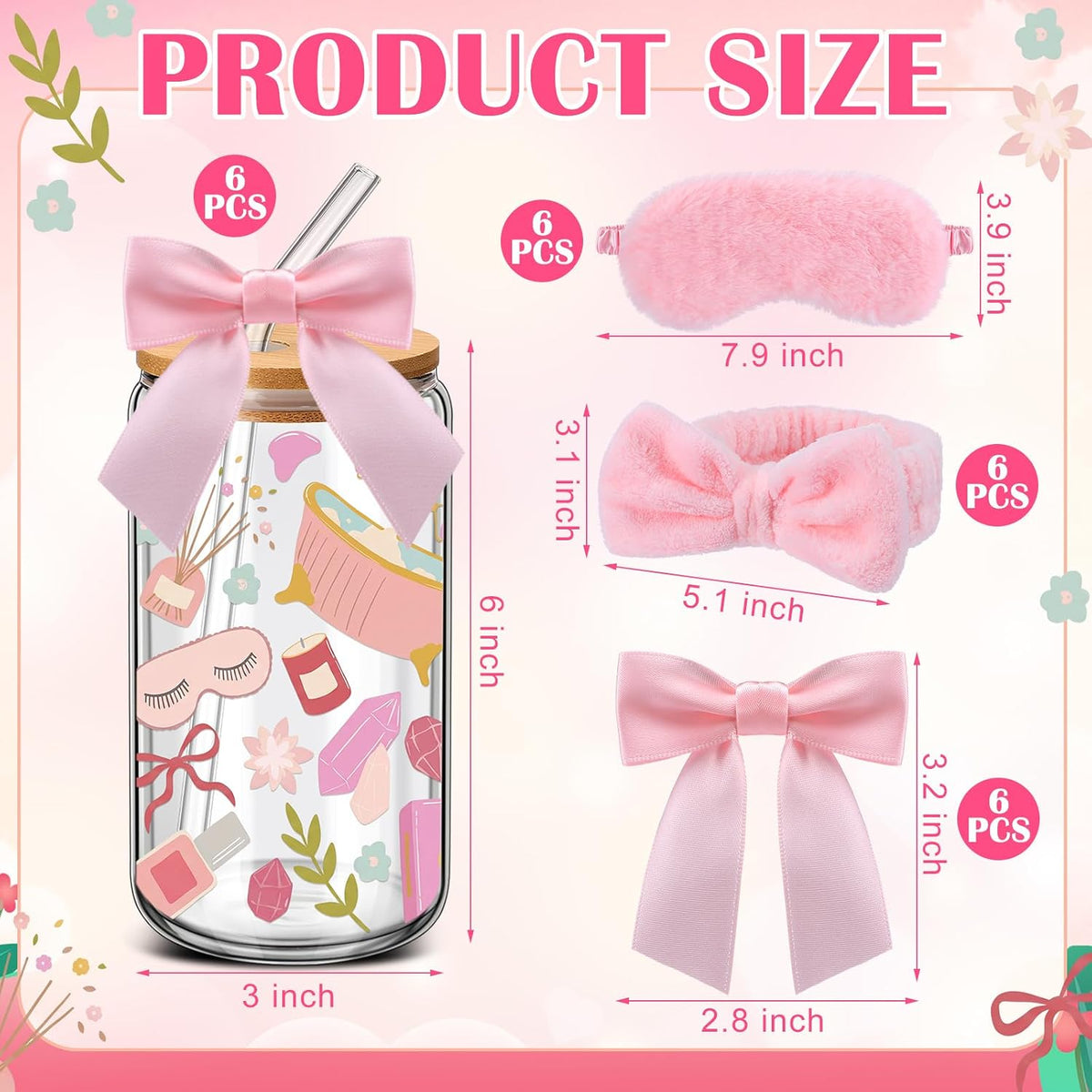 24 Pcs Spa Sleepover Party Supplies for Women 6 Set Slumber Spa Birthday Gift Pajama Party Favor with Glass Cup Pink Bow Eye Mask Headband Twist Bows for Sleeping Stuff Accessories Slumber Gift