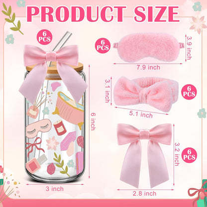 24 Pcs Spa Sleepover Party Supplies for Women 6 Set Slumber Spa Birthday Gift Pajama Party Favor with Glass Cup Pink Bow Eye Mask Headband Twist Bows for Sleeping Stuff Accessories Slumber Gift