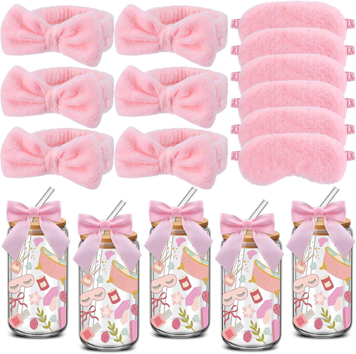 24 Pcs Spa Sleepover Party Supplies for Women 6 Set Slumber Spa Birthday Gift Pajama Party Favor with Glass Cup Pink Bow Eye Mask Headband Twist Bows for Sleeping Stuff Accessories Slumber Gift