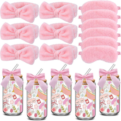 24 Pcs Spa Sleepover Party Supplies for Women 6 Set Slumber Spa Birthday Gift Pajama Party Favor with Glass Cup Pink Bow Eye Mask Headband Twist Bows for Sleeping Stuff Accessories Slumber Gift