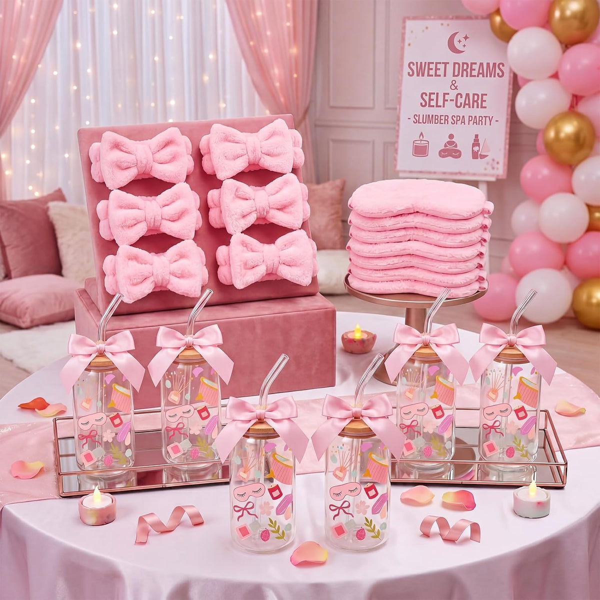 24 Pcs Spa Sleepover Party Supplies for Women 6 Set Slumber Spa Birthday Gift Pajama Party Favor with Glass Cup Pink Bow Eye Mask Headband Twist Bows for Sleeping Stuff Accessories Slumber Gift