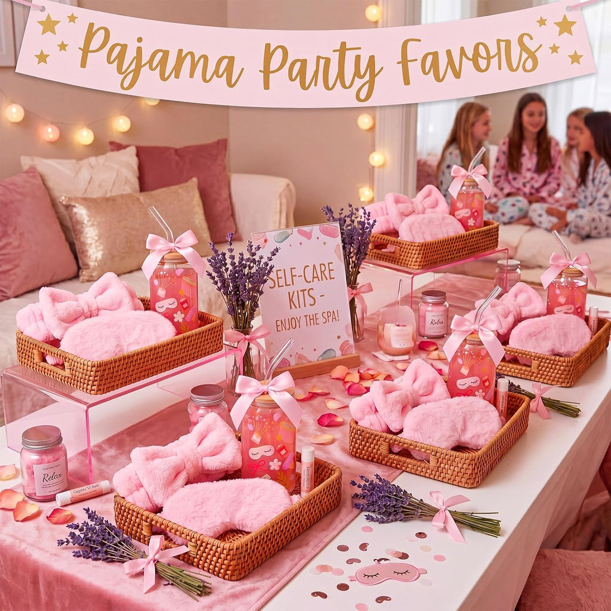 24 Pcs Spa Sleepover Party Supplies for Women 6 Set Slumber Spa Birthday Gift Pajama Party Favor with Glass Cup Pink Bow Eye Mask Headband Twist Bows for Sleeping Stuff Accessories Slumber Gift