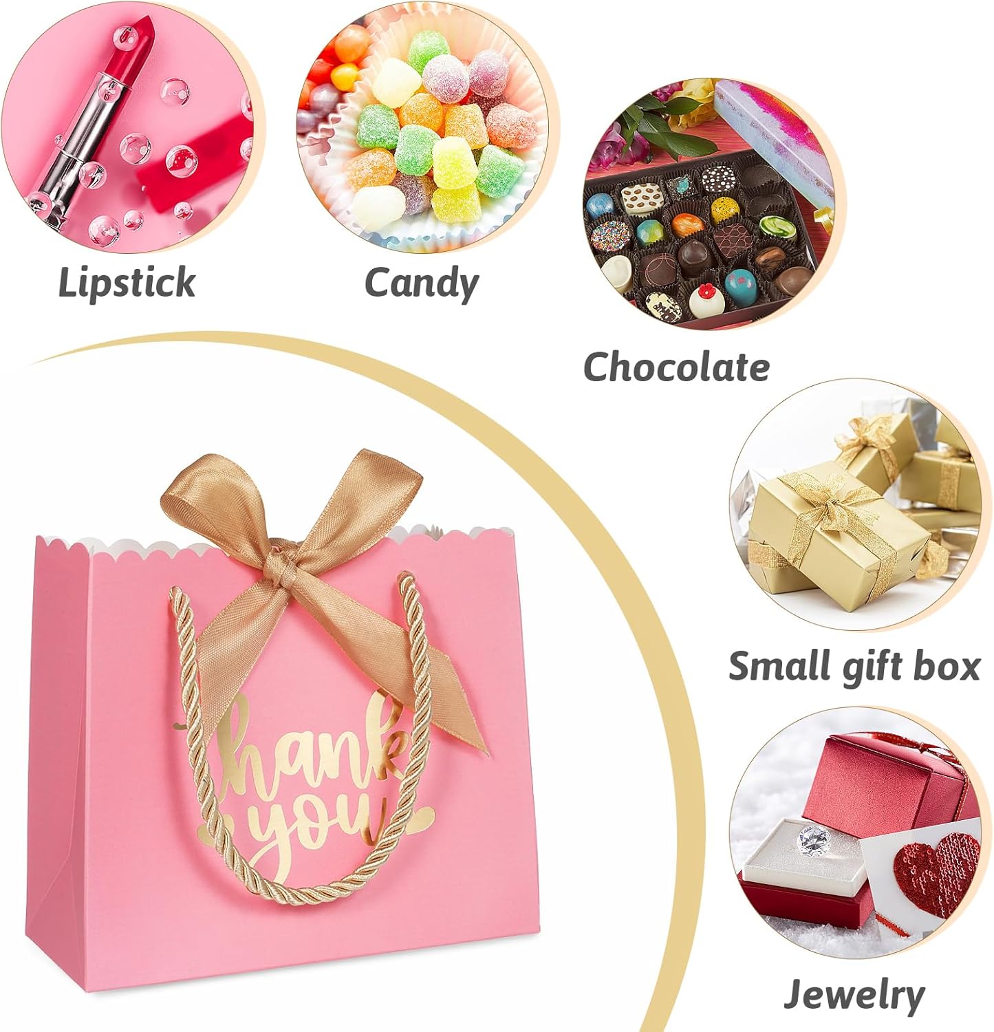 50 Pack Small Thank You Gift Bags with Handles, Pink Mini Party Favor Bags 5.5''x 2.5''x4.7'', Mini Gift Bags Bulk with Bow Ribbon for Valentine's Day, Bridal, Wedding, Baby Shower