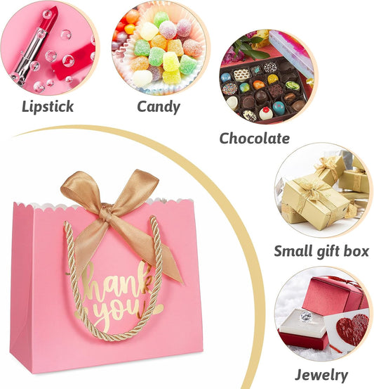 50 Pack Small Thank You Gift Bags with Handles, Pink Mini Party Favor Bags 5.5''x 2.5''x4.7'', Mini Gift Bags Bulk with Bow Ribbon for Valentine's Day, Bridal, Wedding, Baby Shower