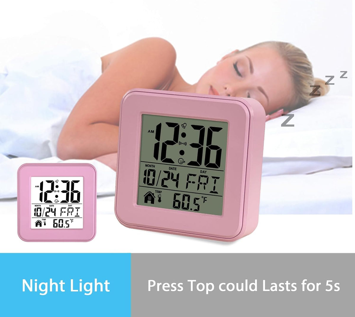 Small Digital Alarm Clock Battery Operated with Backlight Countdown for Bedroom Kids Room-Pink