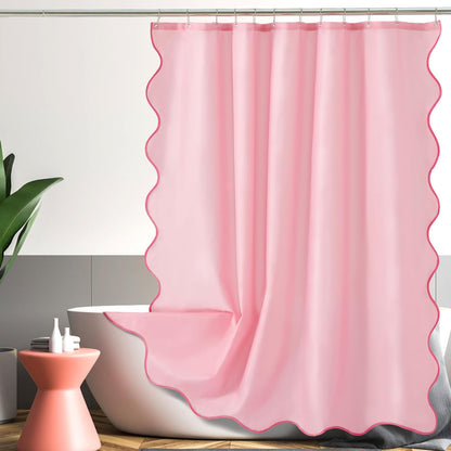 Pink Scalloped Shower Curtain, Cute Pink Ruffle Shower Curtains Boho Pretty Aesthetic Preppy Waterproof Fabric Girls Bath Bathroom Decor with Metal Hook 72 W x 72 H Inch