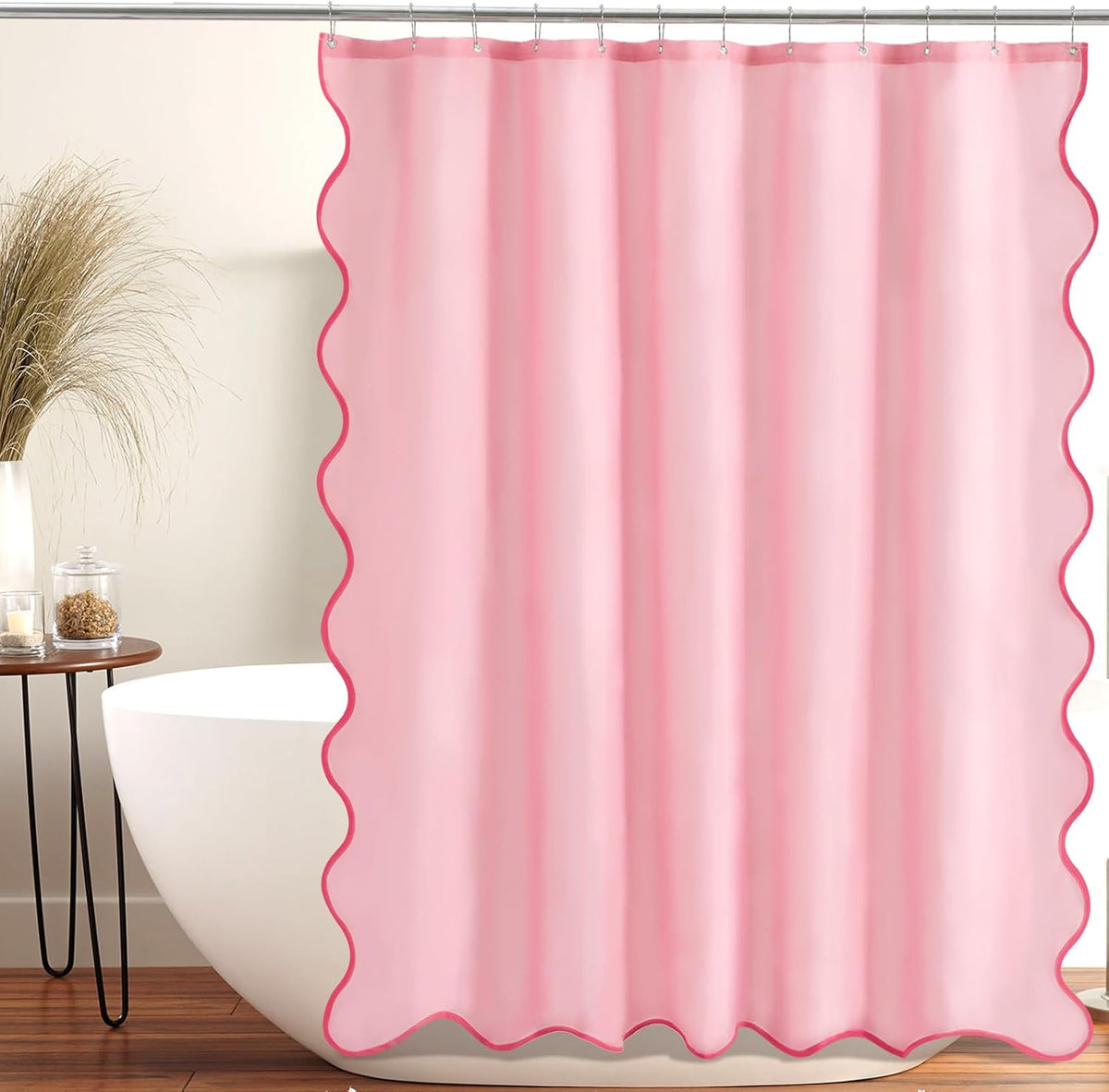 Pink Scalloped Shower Curtain, Cute Pink Ruffle Shower Curtains Boho Pretty Aesthetic Preppy Waterproof Fabric Girls Bath Bathroom Decor with Metal Hook 72 W x 72 H Inch