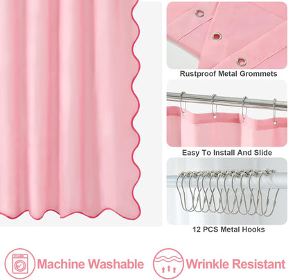 Pink Scalloped Shower Curtain, Cute Pink Ruffle Shower Curtains Boho Pretty Aesthetic Preppy Waterproof Fabric Girls Bath Bathroom Decor with Metal Hook 72 W x 72 H Inch