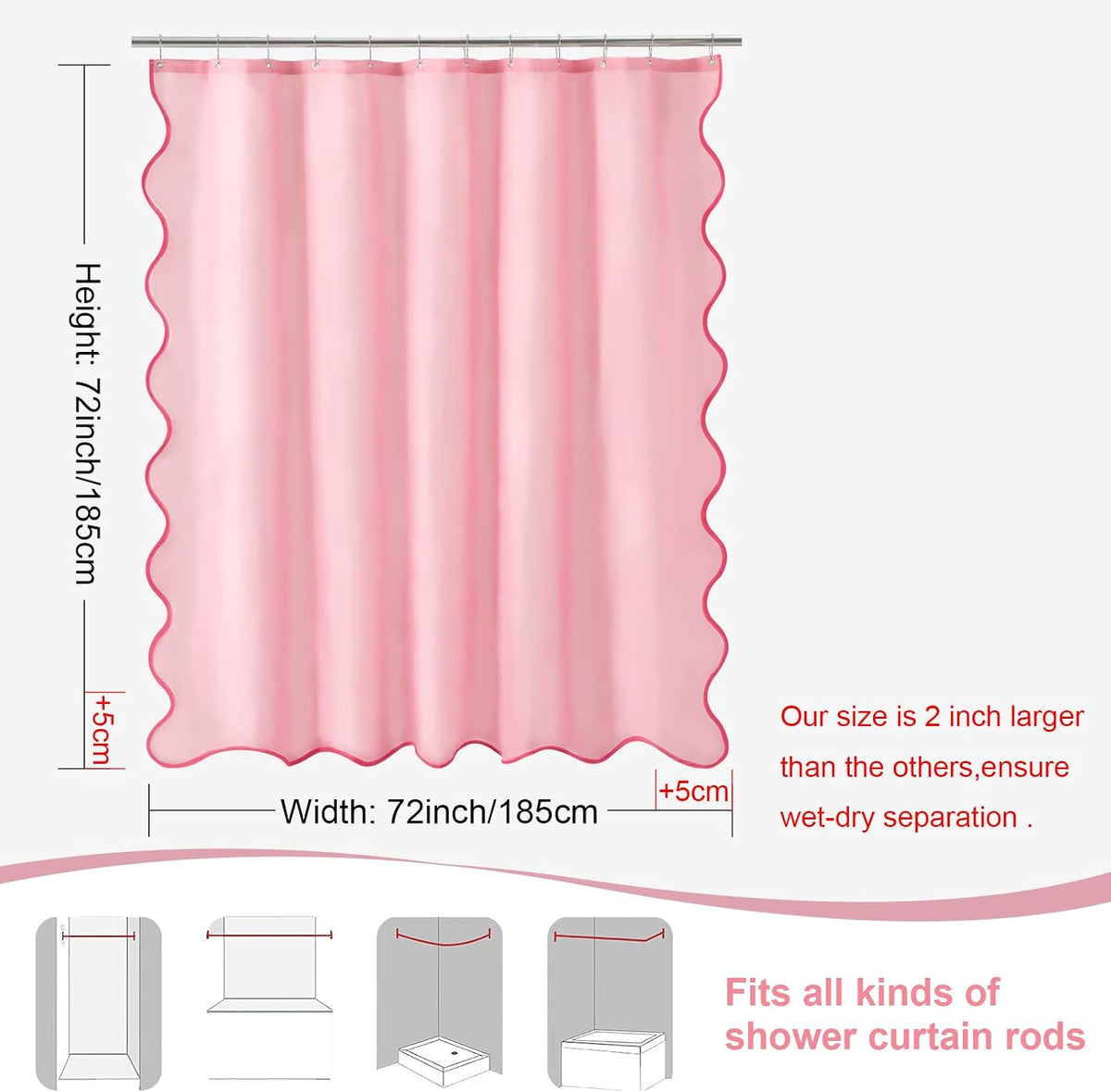 Pink Scalloped Shower Curtain, Cute Pink Ruffle Shower Curtains Boho Pretty Aesthetic Preppy Waterproof Fabric Girls Bath Bathroom Decor with Metal Hook 72 W x 72 H Inch