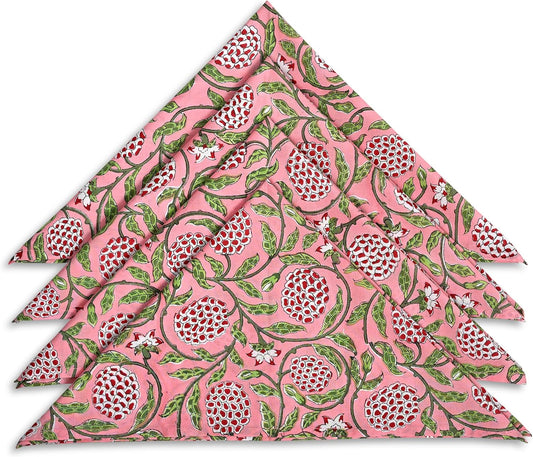 Strawberry Pink Hand Block Print 100% Cotton Napkins 18" x 18" (Set of 4) Reuseable Kitchen Napkins Cloth Decor Dinner Party Wedding Cocktail Gift for Spring, Easter, Summer