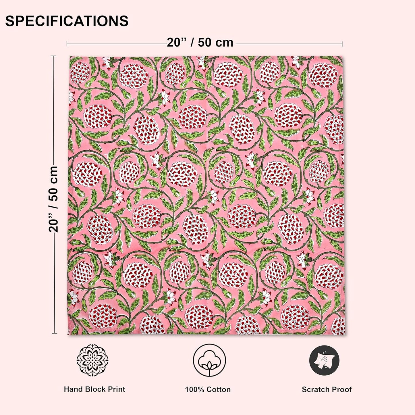 Strawberry Pink Hand Block Print 100% Cotton Napkins 18" x 18" (Set of 4) Reuseable Kitchen Napkins Cloth Decor Dinner Party Wedding Cocktail Gift for Spring, Easter, Summer