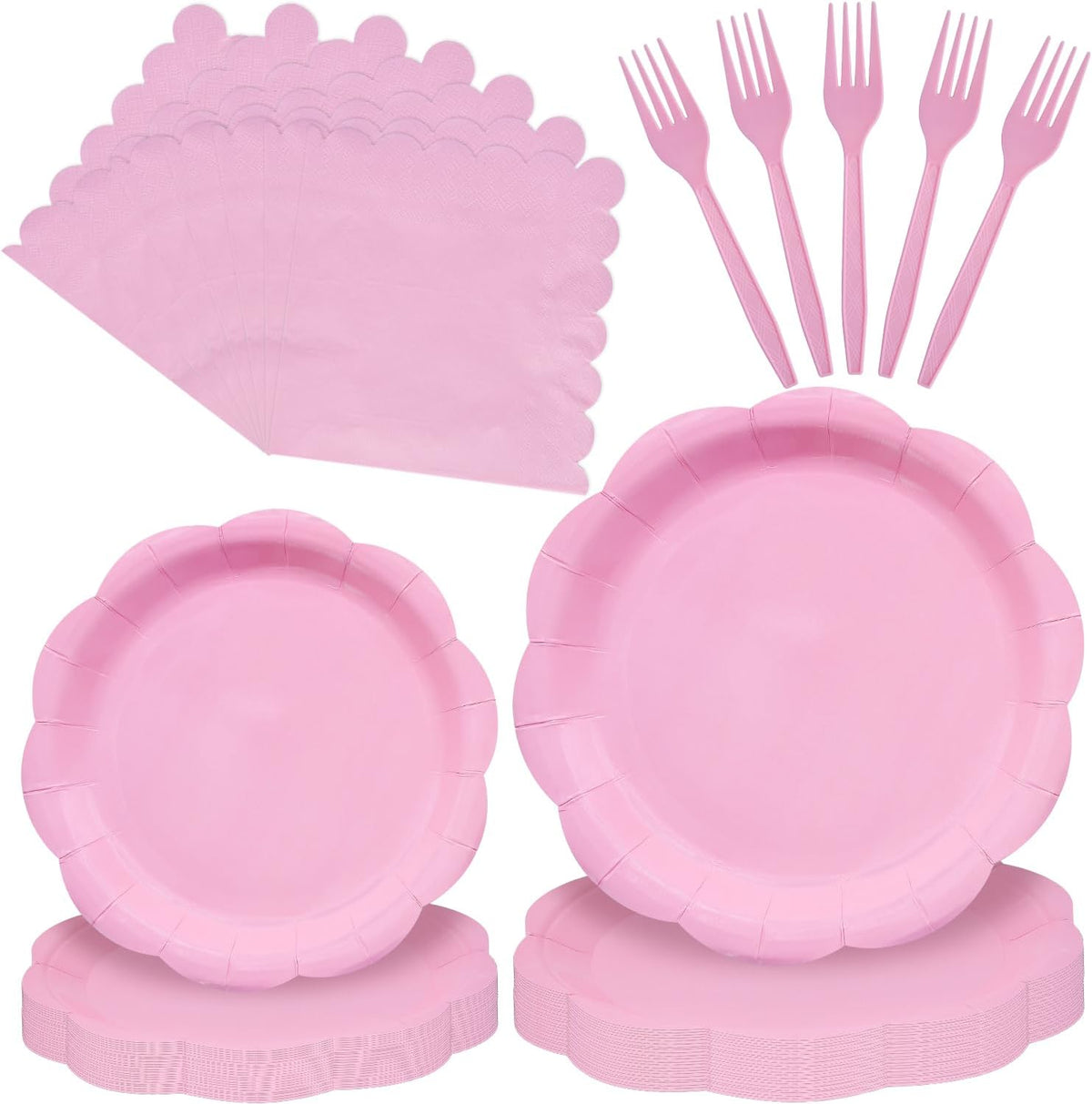 96 Pieces Pink Party Tableware Set – Scalloped Disposable Plates, Napkins and Forks, Solid Pink Party Supplies for Birthday, Baby Shower, Princess Party and Tea Party Decorations