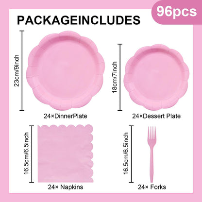96 Pieces Pink Party Tableware Set – Scalloped Disposable Plates, Napkins and Forks, Solid Pink Party Supplies for Birthday, Baby Shower, Princess Party and Tea Party Decorations